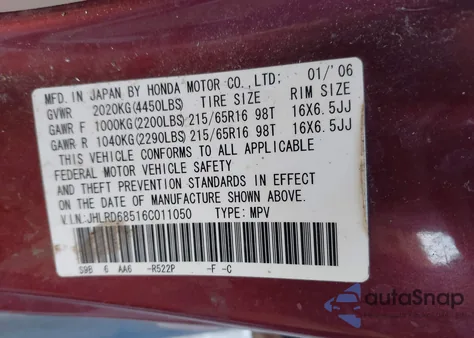 2006 Honda Cr-V Lx from USA, damaged, VIN JHLRD68516C011050